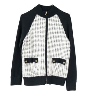 Calligraphie Black Houndstooth Zip Cardigan S Mock Neck Long Sleeve Gold Button